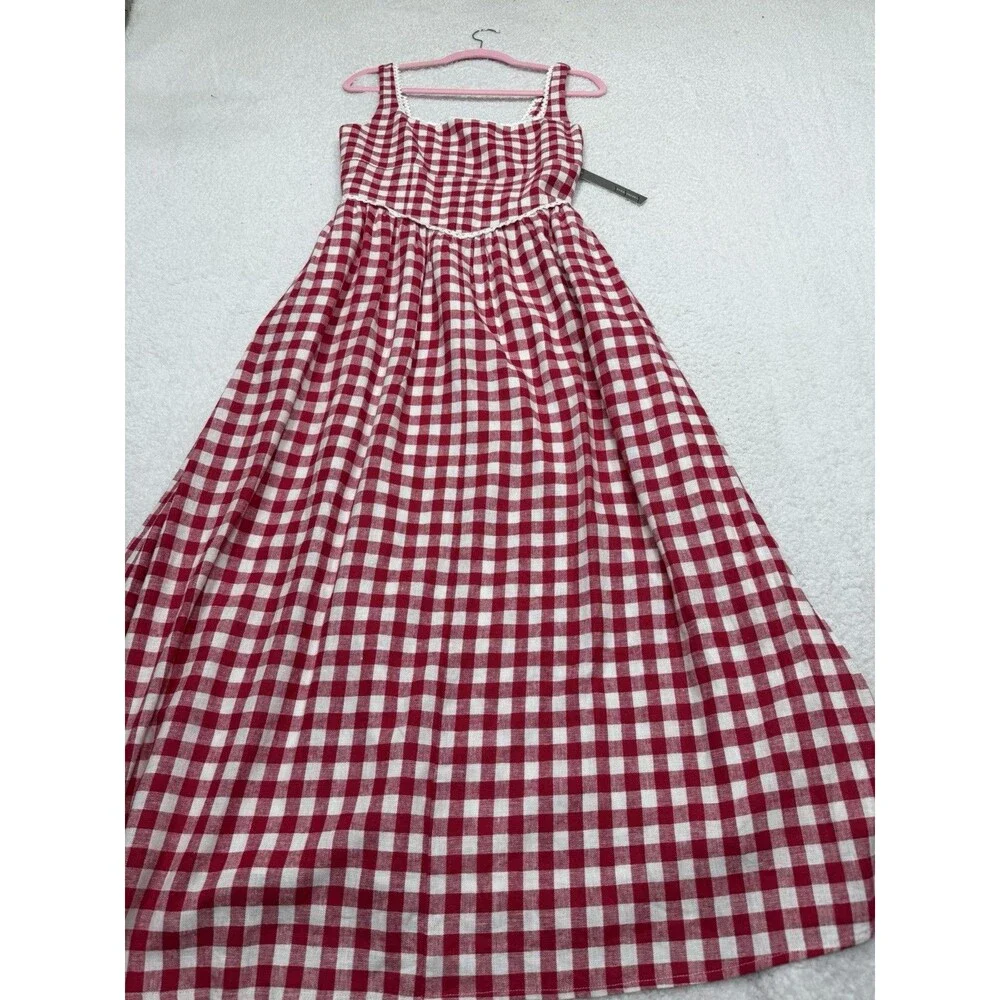 Anthropologie Wayf Midi Dress Red Linen Blend Drop Waist Preppy Boho Medium NWT - Picture 2 of 14